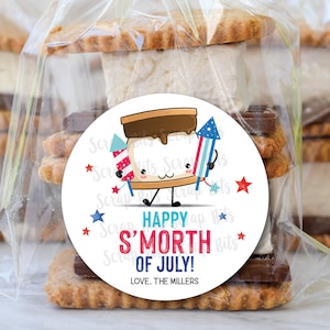 Stickers fête S'mores du 4 juillet + sacs de friandises, autocollants Happy S'mores of July, kit d'autocollants S'mores personnalisés, sacs transparents