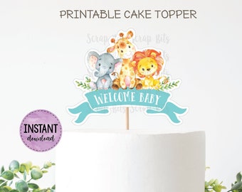 PRINTABLE Cake Topper . Watercolor Jungle Cake Topper, Welcome Baby Boy, Ocean Blue Baby Shower Cake Topper . Digital Instant Download