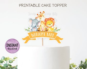 PRINTABLE Cake Topper, Watercolor Jungle Cake Topper, Welcome Baby Toppers, Yellow Baby Shower Cake Topper . Digital Instant Download