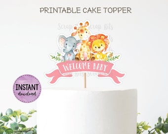 PRINTABLE Cake Topper . Watercolor Jungle Cake Topper, Welcome Baby Girl, Pink Baby Shower Cake Topper . Digital Instant Download