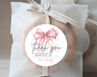 Pink Bow Baby Shower Favor Labels, Baby Girl Coquette Ribbon, Thank You Stickers or Tags for Treat Bags, Gifts, Party Decor
