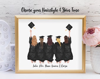 5 Female Best Friends Graduation Print, Graduation Gift for Group, Tossing Cap Full Gowns . Personalized Digital Portrait Print