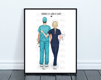 Nurse Print . Personalized Nurse Gift . 2 Nurse Friends, Guy & Girl . Personalized Portrait Print Digital Download to PRINT AT HOME