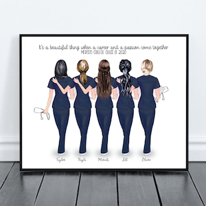 Impresión de retrato de amigas enfermeras, regalo personalizado para estudiantes de medicina, cohorte, compañeras de clase y de trabajo. Descarga digital personalizada.