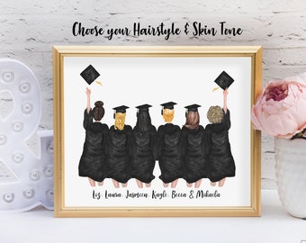 6 Female Best Friends Graduation Print, Graduation Gift for Group, Tossing Cap Full Gowns . Personalized Digital Portrait Print