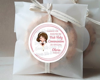 First Communion Labels & Bags, Communion Girl 3 Rings, Personalized Communion Stickers, Glassine Favor Bags, 3 Sizes