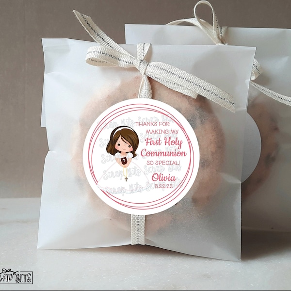 First Communion Labels & Bags, Communion Girl 3 Rings, Personalized Communion Stickers, Glassine Favor Bags, 3 Sizes