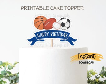 Sports Cake Topper, Printable Cake Topper, Sports Party Topper, Blue Banner Sports Birthday Cake Topper . Digital Instant Download