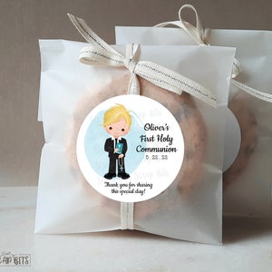 Pegatinas y bolsas de regalo para la primera comunión, salpicadura de acuarela para la comunión del niño, etiquetas o rótulos de recuerdo personalizados, impresos y enviados