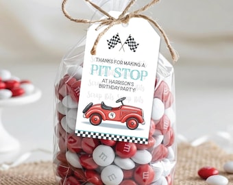 Racing Birthday Favor Tags, Classic Red Car Pit Stop, Personalized Treat Bag Labels