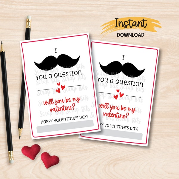 Classroom Valentine Cards, Mustache Valentines, I Mustache You A Question, Be My Valentine, Printable Valentine Tags, Instant Download