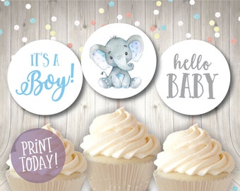 Printable Baby Shower Toppers, Watercolor Elephant Toppers, It's a Boy Cupcake Toppers, Boy Elephant Baby Shower Tags . Instant Download