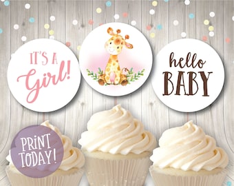 Printable Baby Shower Toppers, Watercolor Giraffe Toppers, It's a Girl Cupcake Toppers, Girl Giraffe Baby Shower Tags . Instant Download