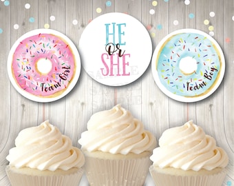 Donut Gender Reveal Cupcake Toppers, He Or She Tags, Printable Gender Reveal Tags, Donut Cupcake Toppers . Instant Download
