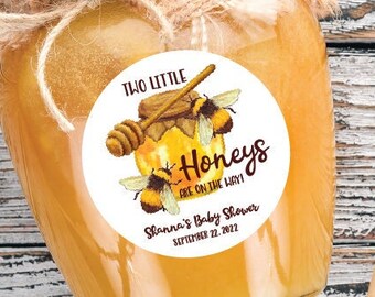 Two Little Honeys Are On The Way Stickers . Twin Bees Honey Baby Shower Stickers . Personalized Favor Stickers or Tags . 3 Sizes