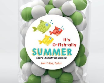 It's O-Fish-Ally Summer. Fish Last Day of School Stickers . Personalized Favor Stickers or Tags . 3 Sizes