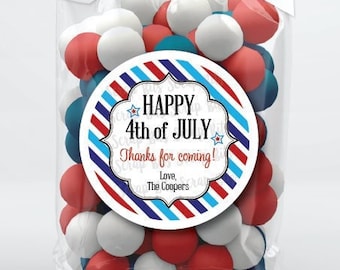 Happy 4th of July Favor Stickers & Bags, July 4th Favor Bags, Frame on Diagonal Stripes, Treat Bag Stickers, Clear Candy Bags