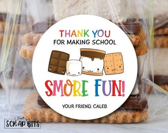 Last Day of School Smores Stickers & Treat Bag, Thank You for Making School S'more Fun, Rainbow, Personalized Favor Kit Labels or Tags