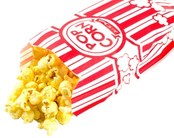 25 Paper Popcorn Bags, Gusseted Popcorn Bags, Retro Popcorn Bags . 3 1/2" x 2 1/4" x 8 1/4" 1 oz.