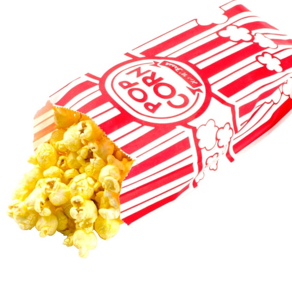 25 Paper Popcorn Bags, Gusseted Popcorn Bags, Retro Popcorn Bags . 3 1/2" x 2 1/4" x 8 1/4" 1 oz.