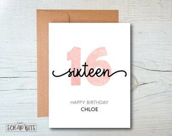 16th Birthday Card, Sweet 16 Birthday Card, Personalized 16th Birthday Card, Journaling Script