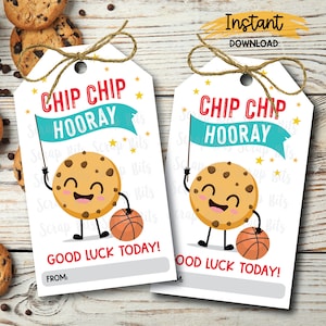Tagi do koszykówki Chip Chip Hooray, Tagi do ciasteczek z kawałkami czekolady, Wydrukowalny tag do ciasteczek, Tagi do smakołyków na dzień gry, Tagi na szczęście, Natychmiastowe pobieranie