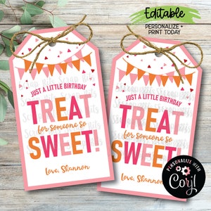 BEWERKBARE verjaardagskaartjes, oranje en roze, een kleine traktatie voor iemand die zo lief is, gepersonaliseerde afdrukbare cadeaukaartjes voor traktatiezakjes of gunsten