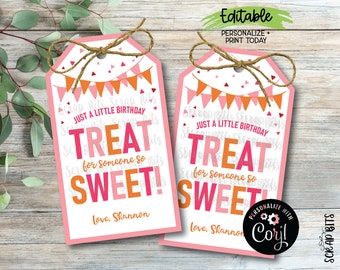 EDITABLE Birthday Treat Tags, Orange & Pink . A Little Treat For Someone So Sweet, Printable Birthday Tags . Editable Birthday Gift Tags