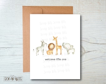 Safari Animal Baby Card, Welcome Little One, Minimal Welcome Baby Card, Minimal Baby Shower Card, Watercolor Safari Baby Animals