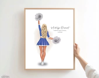 Cheerleader Portrait Print, Custom Digital Drawing, Personalized Senior Gift for Her, Daughter, Friend, Keepsake, High Poms