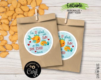 EDITABLE Printable Valentine Labels, So Glad We Swim In The Same School Goldfish Valentines . Personalized Printable Sticker Template