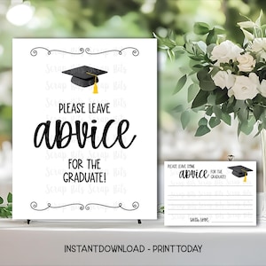 Letrero y tarjetas con consejos para el graduado, pergamino con birrete negro, letrero de mesa para fiesta de graduación, juegos para fiestas de graduación de secundaria y universidad, descarga instantánea