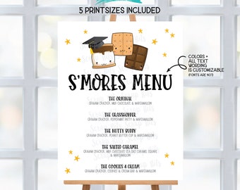 Graduation S'mores Menu Sign, Smore Bar Sign, S'mores Party Sign, Printable Smores Sign, Custom Colors & Wording . 5 Digital Print Sizes