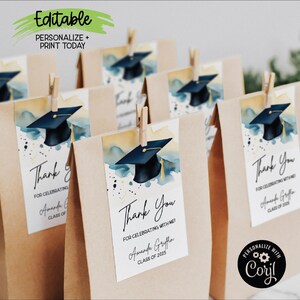 BEWERKBARE afstuderen Tags, Grad Cap Aquarel Splash, Grad Party Favor Tags, Afdrukbare Graduation Treat Bag Tags