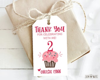 Birthday Favor Tags . Thanks  For Celebrating With Me, Cupcake with Number . Personalized Birthday Tags . 2 x 3.5 inches . Qty 10