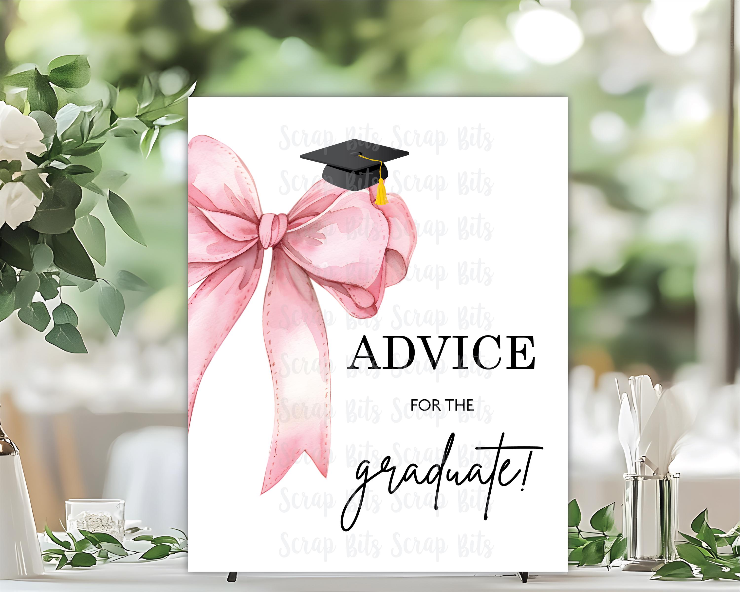 Pink Sign Grad Example Pink Bow Graduation Party Sign, Advice for the Graduate Sign & Cards ...