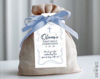 PRINTED Coqutte Communion Tags, Blue Wiggle Bow Frame, Personalized Custom Party Favor Gift Labels for Treat Bags. Baptism, Christening