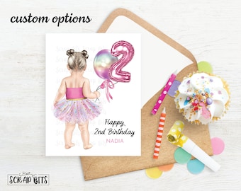 2nd Birthday Card, Baby Girl Birthday Card, Personalized Second Birthday Card, 1st, 2nd or 3rd Birthday Girl Card, Tutu Girl With Balloons