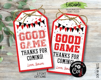 EDITABLE Sports Birthday Tags, Good Game Tags, Thanks For Coming Sports Party Favor Tags, Printable Sports Birthday Gift Tags, Red & Black