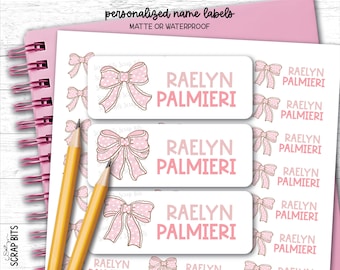 Pink Bow Polka Dot Coquette Name Labels, Personalized Waterproof Kids Name Stickers for School, Daycare & Preschool, Custom Belonging Labels
