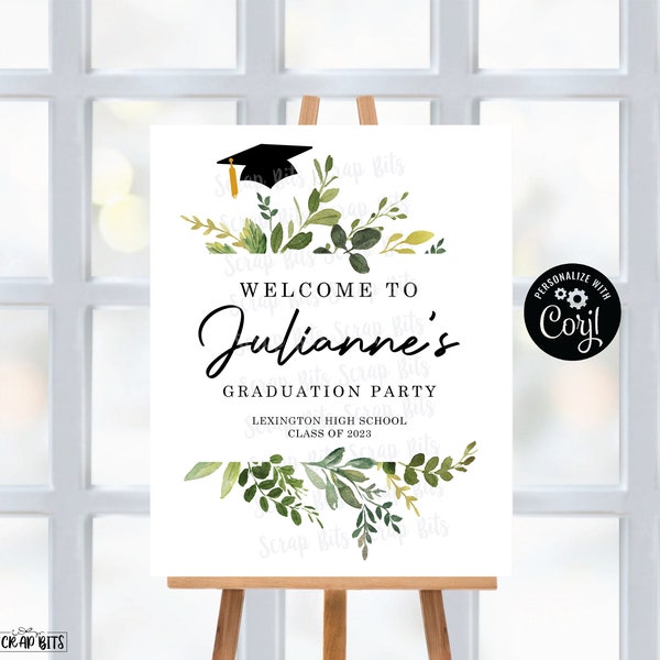 EDITABLE Printable Graduation Welcome Sign, Personalized Graduation Party Welcome Sign, Graduation Greenery Welcome Sign , Editable Template