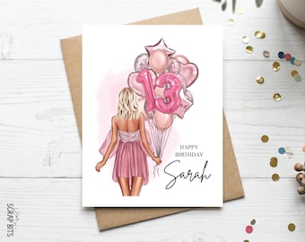 Tarjeta de retrato para el 13.º cumpleaños, regalo personalizado para ella, hija, ramo de globos.