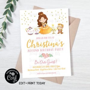 Invito di compleanno MODIFICABILE, invito Belle & Friends, rosa rosa, invito stampabile per la festa del tè della principessa. Modello modificabile