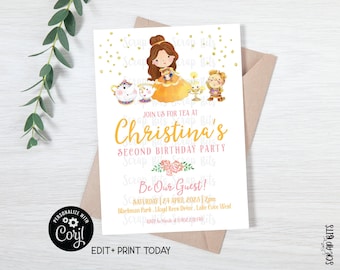 EDITABLE Birthday Invitation, Belle & Friends Invitation, Pink Rose, Printable Princess Tea Party Invite . Editable Template