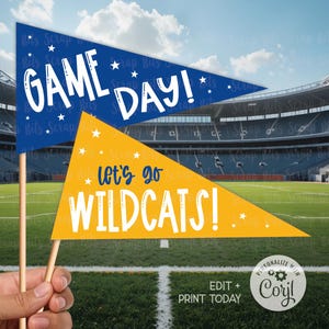 Banderas imprimibles para el día del juego, banderines de mascota del equipo "Vamos", decoración personalizada para fiestas, centro de mesa, accesorio fotográfico, editables con Corjl