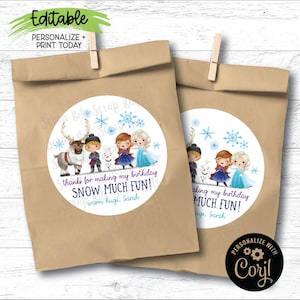 Etiquetas de aniversário Frozen EDITÁVEIS, adesivos de festa Frozen imprimíveis, adesivos Snow Much Fun. Modelo de adesivo personalizado para impressão