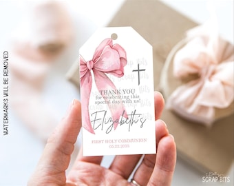 Pink Bow Communion Favor Tags, Personalized Thank You Labels