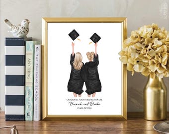 Graduation Digital Portrait, Female Best Friends Tossing Cap, Personalized Senior Gift Illustration Print, Grad Party Decor