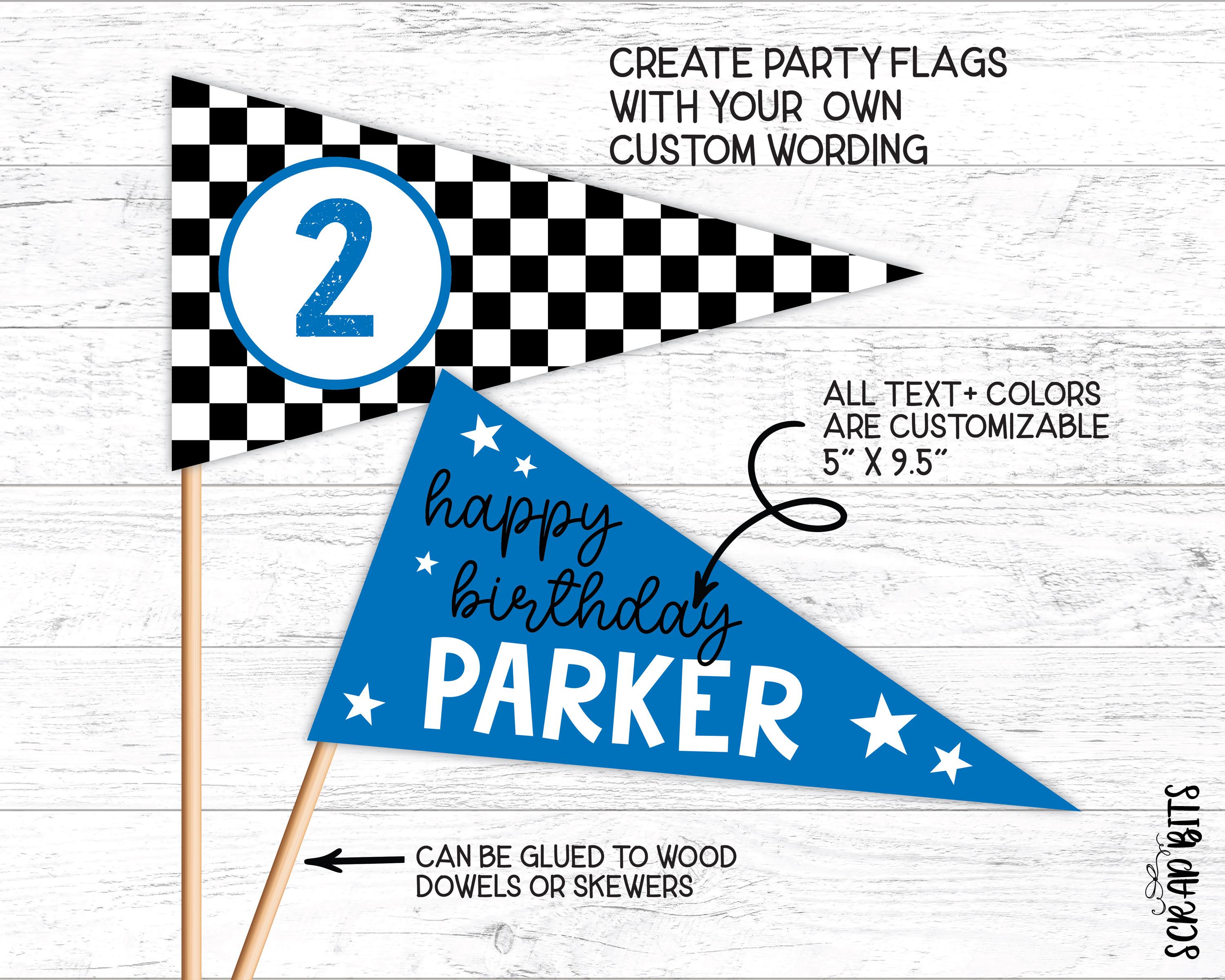 Editable Party Flags Printable Racing Birthday Pennant Flags, Checkerboard Name Age ...