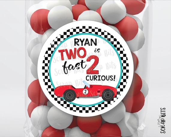 Racing Party Stickers & Treat Bags, Two Fast 2 Curious, Personalized 2nd Birthday Favor Labels or Tags, Clear Favor Bags